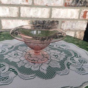 PINK DEPRESSION PEDESTAL CONDIMENT BOWL WITH STERLING OVERLAY FLOWERS